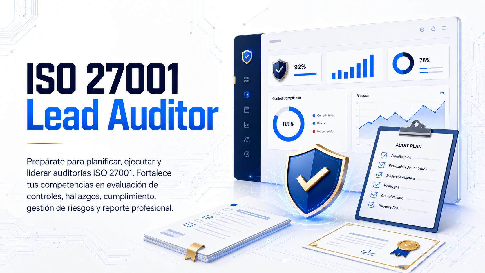 Curso ISO 27001 Lead Auditor con dashboard de controles y plan de auditoría